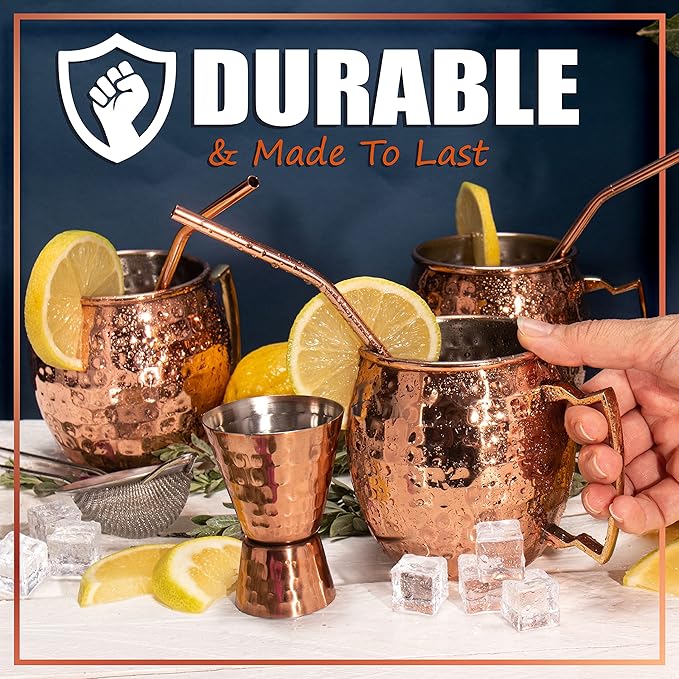 G GOODYGOODS Moscow Mule Mugs, Real Copper Plating, Stainless Steel inside Lining, Gift Set of 4 Handcrafted 18 Oz Copper Cups, 4 Unique Straws, Jigger, Ring Bottle Opener & Recipe Booklet!