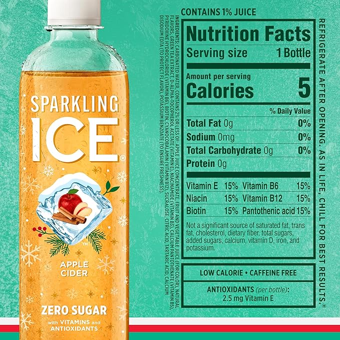 Sparkling Ice, Winter Variety Pack, Flavored Sparkling Water, Zero Sugar, with Vitamins and Antioxidants, 17 fl oz, 12 count (Cranberry Frost, Winter Punch, Apple Cider and Ginger Lime)