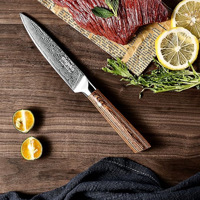 5-Inch Paring Knife - Japanese VG-10 Super Steel 67-Layer Damascus Blade - Fruit Utility Knife for Carving & Peeling - Luxury Gift Box with Color Wooden Handle - Includes Scabbard