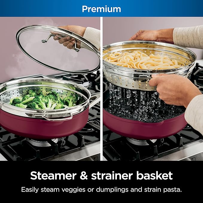 Ninja, Cookware, Steamer, Strainer Basket, Glass Lid and Spatula, Foodi NeverStick PossiblePan, Premium Set with 4-Quart Capacity Pan, Nonstick, Durable, Oven Safe Cookware, Cherry Tart, CW102RD