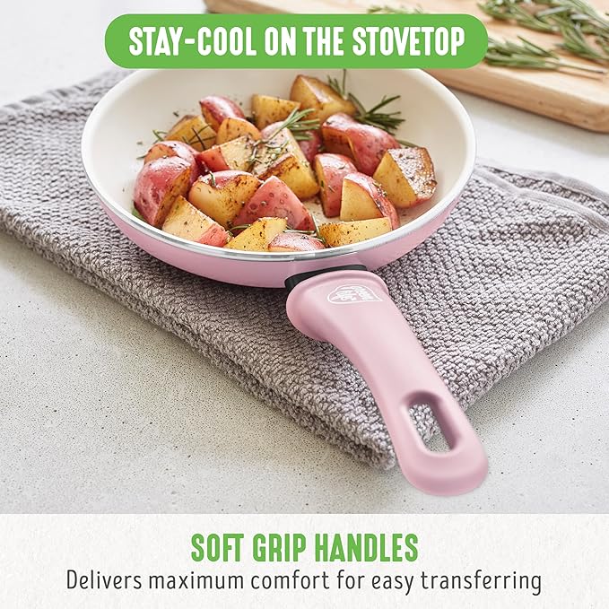 GreenLife Soft Grip Healthy Ceramic Nonstick, 12" Frying Pan Skillet with Lid, PFAS-Free, Dishwasher Safe, Pink