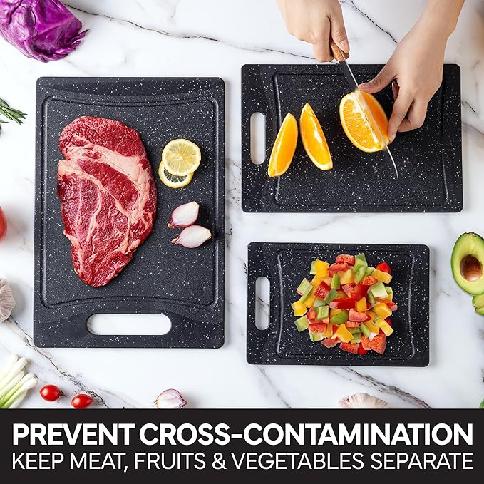 COOK WITH COLOR Non-Slip Cutting Board Set – Kitchen Essentials with Easy Grip Handle for Meat, Veggies, and Fruits, 3 Cutting Boards, Speckled Black