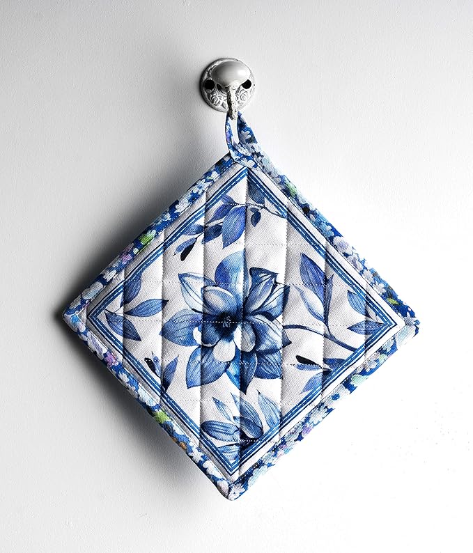 Maison d' Hermine Pot Holders 100% Cotton Heat Resistant Potholders 8" x 8" Hot Pads with Loop BBQ, Cooking, Baking, Grilling, Kitchen, Handling Hot Pans Spring/Summer (Pack of 1, Summer Blues)