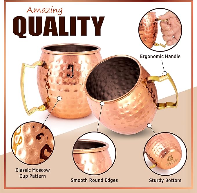 G GOODYGOODS Moscow Mule Mugs, Real Copper Plating, Stainless Steel inside Lining, Gift Set of 4 Handcrafted 18 Oz Copper Cups, 4 Unique Straws, Jigger, Ring Bottle Opener & Recipe Booklet!