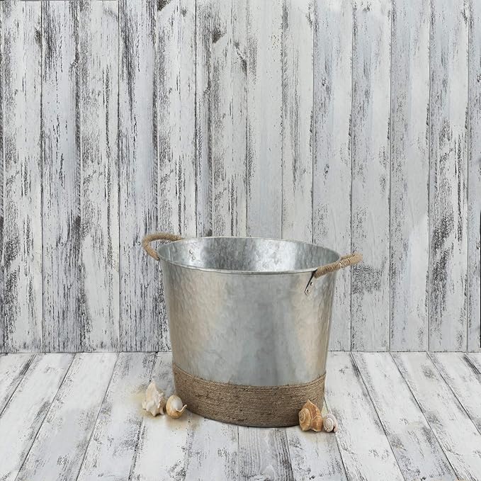 Twine Seaside Jute Rope Wrapped Farmhouse Galvanized Ice Metal Beverage Tub, Wine, Beer Bottle Bucket, 4.5 Gallons