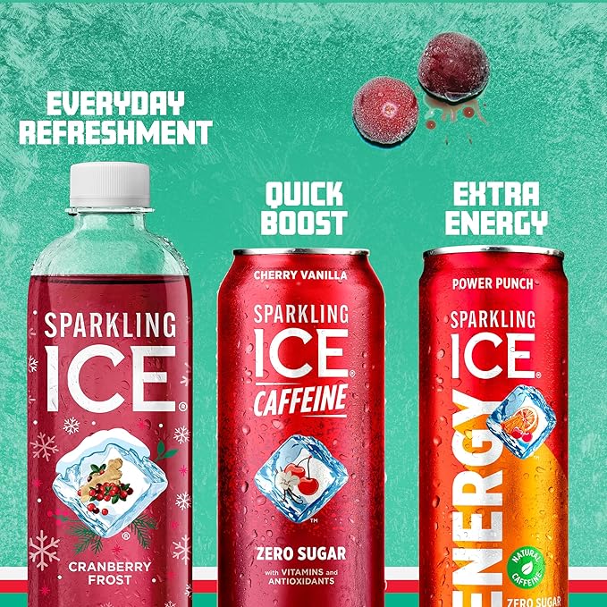 Sparkling Ice, Winter Variety Pack, Flavored Sparkling Water, Zero Sugar, with Vitamins and Antioxidants, 17 fl oz, 12 count (Cranberry Frost, Winter Punch, Apple Cider and Ginger Lime)