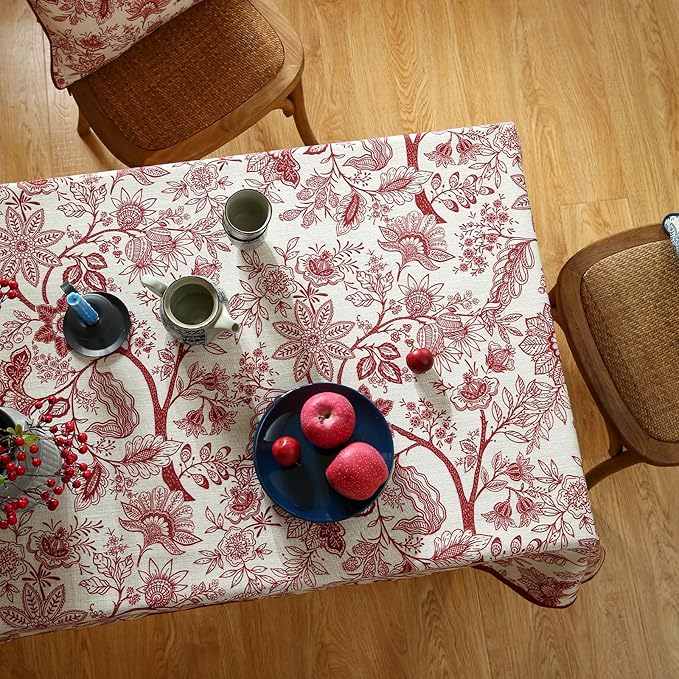 ISAENNE Designer French Linen Long Rectangle Tablecloth,Red Floral Washable Indoor Table Cloth,Durable Home Decor Tablecloths for Dining Thanksgiving Kitchen Party Christmas,63"*102"-Ruyi A