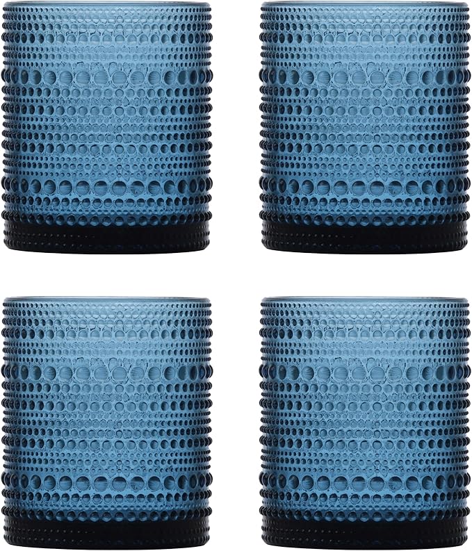 Fortessa Jupiter Beaded Hobnail Glass, 10 Ounce Double Old Fashioned (Set of 4), Cornflower Blue