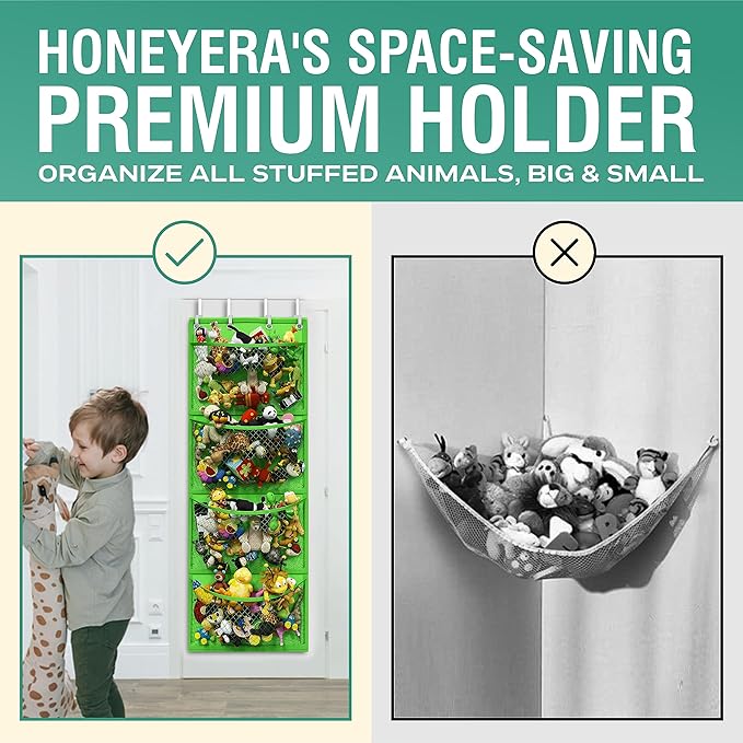 Honeyera Over Door Organizer for Stuffies, Baby Accessories, and Toy Plush Storage - Easy Installation with Breathable Hanging Storage Pockets (Green)