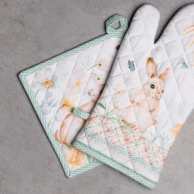 Maison d' Hermine 100% Cotton Oven Mitt & Pot Holder Set (7.5"x13" & 8"x8") Heat Resistant BBQ Cooking Gloves with Loop, Baking, Grilling, Kitchen, Handling Hot Pans Spring/Summer (Easter Dew)