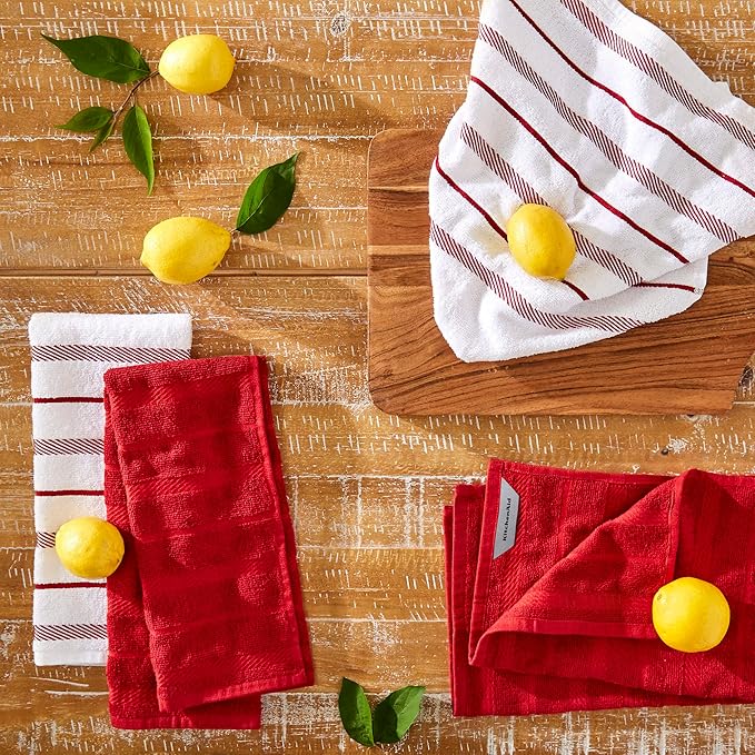 KitchenAid Albany Kitchen Towel 4-Pack Set, Passion Red/White, 16"x26"