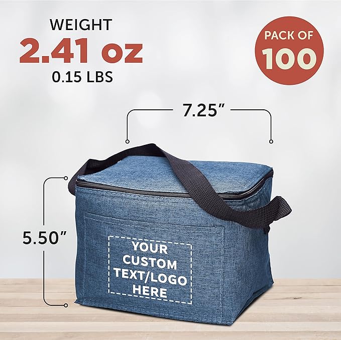Custom Insulated Cooler Lunch Bag Set of 100, Personalized Bulk Pack - Perfect for Work, Travel, Outdoor Events - Blue