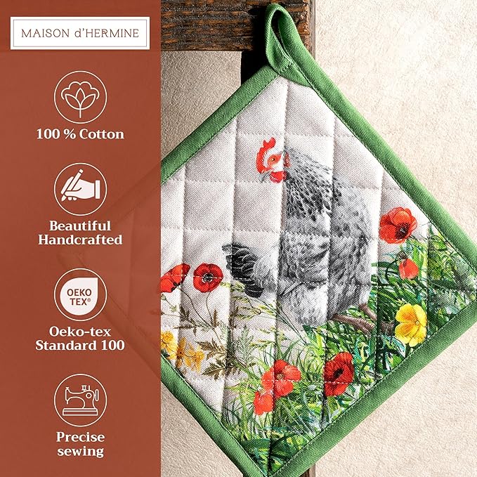 Maison d' Hermine Pot Holders Set 100% Cotton Heat Resistant Potholders 8" x 8" Hot Pads with Loop BBQ, Cooking, Baking, Grilling, Kitchen, Handling Hot Pans Spring/Summer (Pack of 2, Basse Cour)