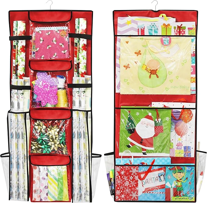 Simple Houseware Double-Sided Hanging Gift Wrap Organizer Storage Pockets, Red (Set of 1)