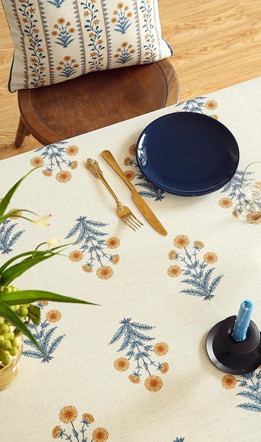 ISAENNE Designer French Pale Yellow Small Rectangular Tablecloth,Linen Floral Table Cloth,Wrinkle Resistant Decor Tablecloths for Dining Thanksgiving Banquet Kitchen Party,55"*71"-Estevan A