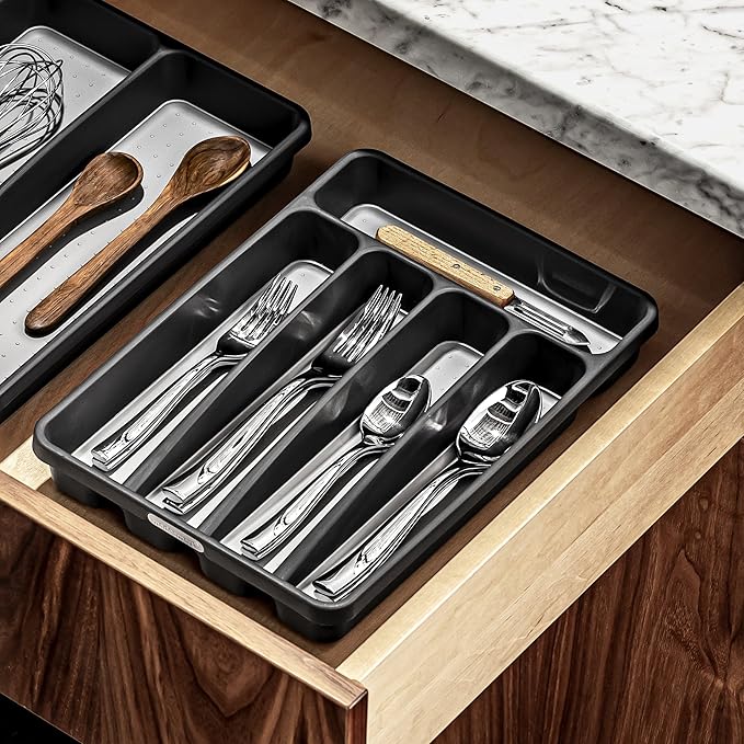 madesmart Classic Mini Silverware Tray, Soft Grip, Non-Slip Kitchen Drawer Organizer, 5 Compartments, Multi-Purpose Home Organization, BPA Free, Granite