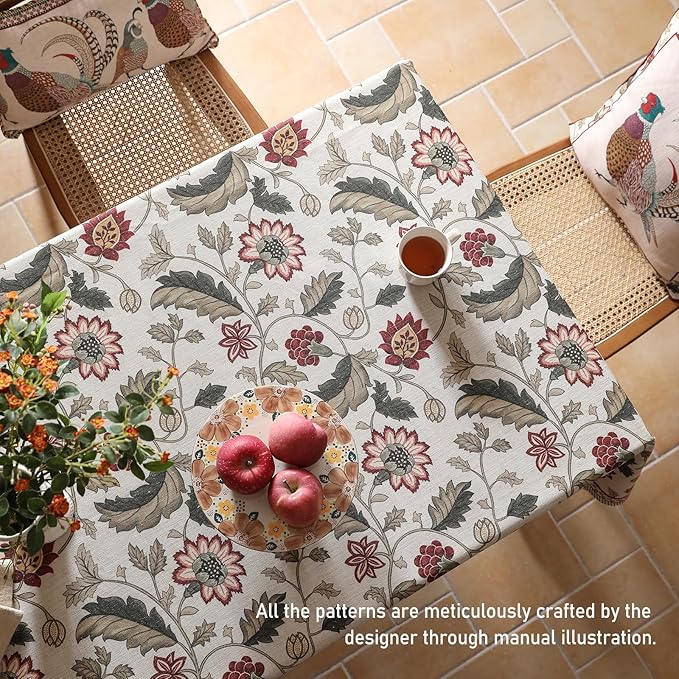 ISAENNE Designer Provence Floral Table Cloth for Rectangle Table,Linen Colorful Washable Indoor Tablecloth,Durable Decor Tablecloths for Dining Thanksgiving Kitchen Christmas,55"*79"-Ratina