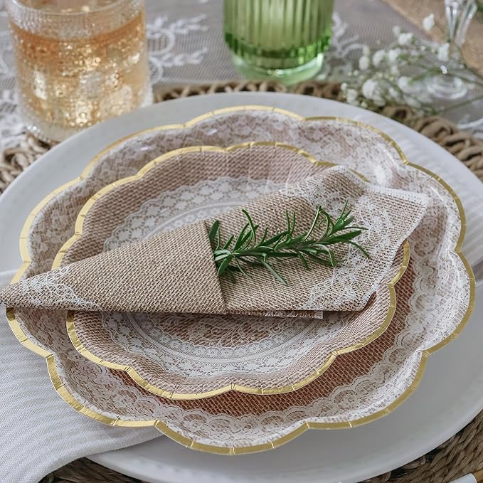 Kate Aspen Burlap & Lace Party Decorations - 62 Piece Rustic Bridal Shower and Wedding Tableware Set for 16 Guests - Disposable Floral Paper Plates and Napkins Party Supplies