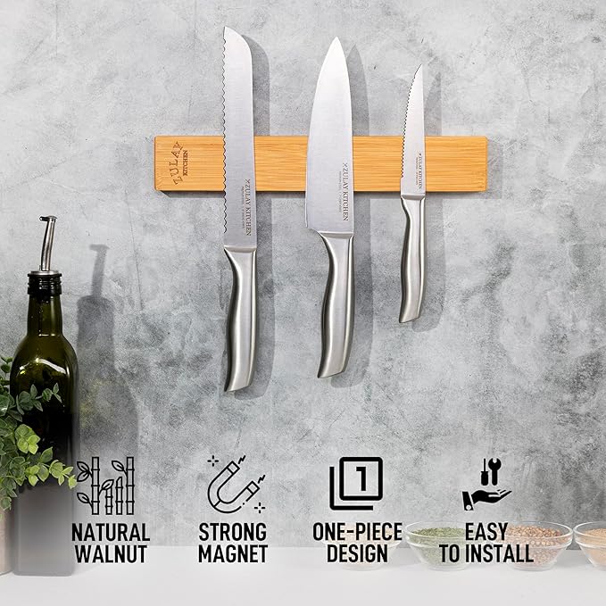 Zulay 11.75" Seamless Bamboo Wood Magnetic Knife Holder - Wooden Magnetic Knife Strip for Organizing your Kitchen - Elegant & Multifunctional Magnet Holder for Wall with Easy Installation