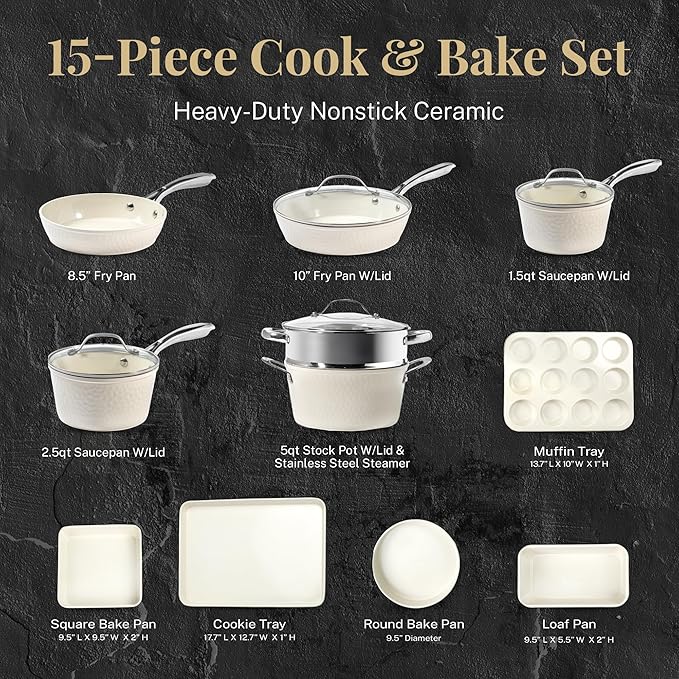 Gotham Steel Hammered 15Pcs Ceramic Cookware Set Nonstick, Induction Pots and Pans Set Non Stick with Bakeware Set & Steamer for Cooking, Non Toxic PFOA PFOS Free, Oven & Dishwasher Safe, Cream White