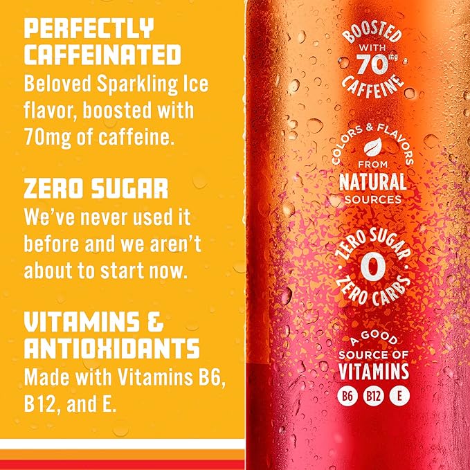 Sparkling Ice Caffeine Strawberry Citrus Sparkling Water with Caffeine, Zero Sugar, with Antioxidants and Vitamins,16 fl oz Cans (Pack Of 12)