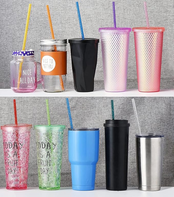 ALINK 12PCS Reusable Clear Green Glitter Straws, 11" Long Hard Plastic Tumbler Drinking Straws with Cleaning Brush