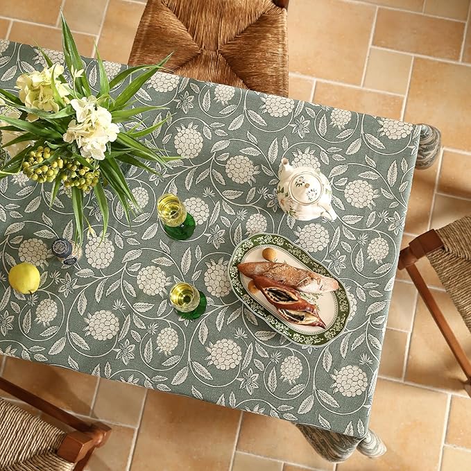 ISAENNE Designer Grayish Green Linen Table Cloth Rectangular,Floral Elegant Stain Resistant Tablecloth,Fall Vintage Decor Tablecloths for Dining Thanksgiving Kitchen Party,55"*87"-Andrew A