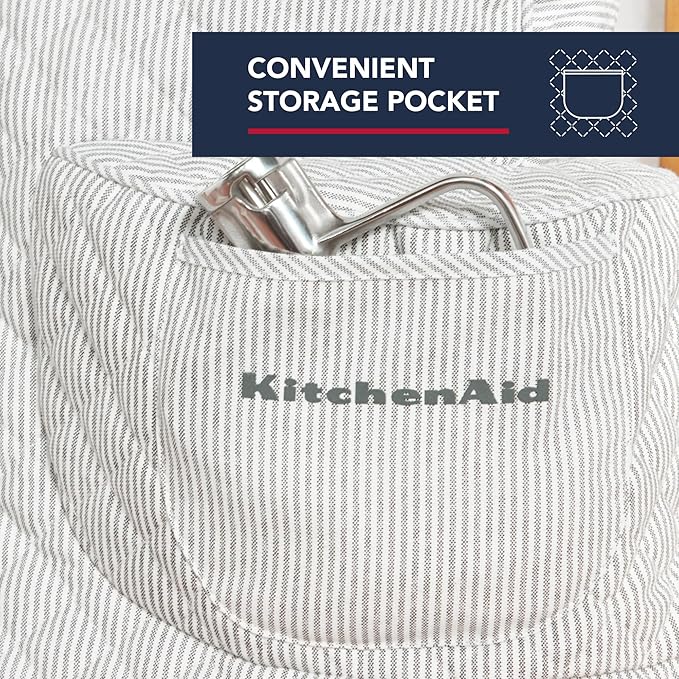 KITCHENAID Fitted Tilt-Head Stand Mixer Cover with Storage Pocket, Quilted 100% Cotton,14.4"x18"x10", Ticking Stripe Charcoal Grey