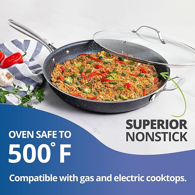 Granitestone 14 Inch Pan for Cooking, Family Sized Large Non Stick Frying Pans Skillet for Eggs, Omelette, with Helper Handle, PFOA PFOS Free Oven & Dishwasher Safe - LID NOT INCLUDED