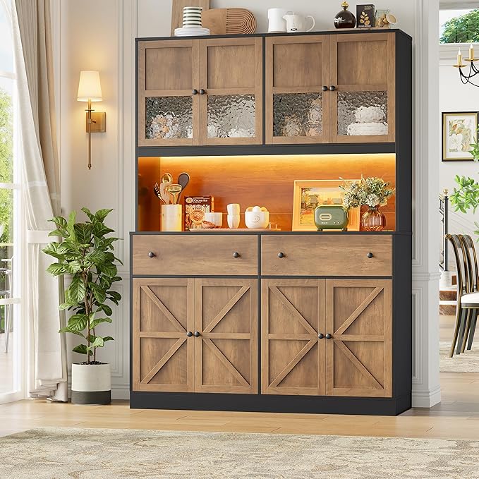 FINETONES 71" Pantry Cabinet with LED Light and Charging Station, Farmhouse Kitchen Pantry Cabinet with Microwave Stand, 47.2" Wide Kitchen Hutch Food Pantry with Open Countertop, Black/Brown