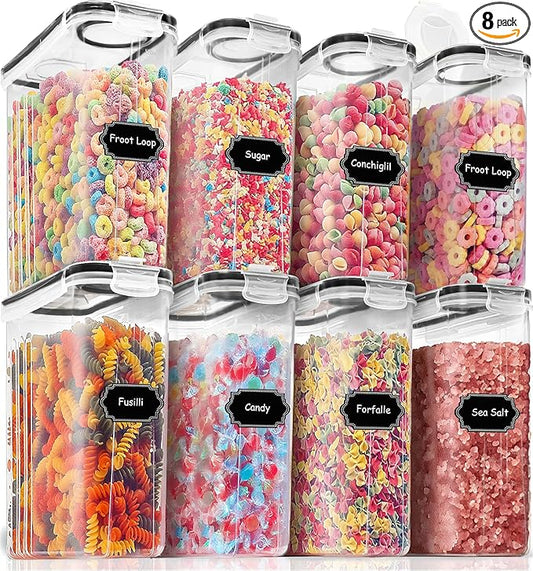 PRAKI Cereal Containers Storage Set (4L,135.2 Oz), 8PCS Airtight Food Storage Containers with Lids for Kitchen & Pantry Organizers and Storage, Cereal Dispensers with 20 labels, Measuring Cup & Marker