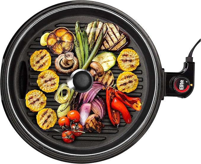 Elite Gourmet EMG6505G 12" Smokeless Indoor Electric BBQ Grill with Glass Lid Dishwasher Safe, Nonstick, Adjustable Temperature, Fast Heat Up, Low-Fat Meals Easy to Clean Design