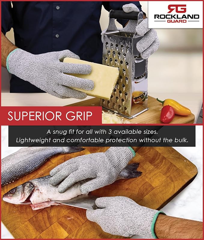 Rockland Guard Professional Oyster Shucking Knife Set - Includes 3.5" Stainless Steel Oyster Shucker with Non-Slip Handle & Bent Tip, Kitchen Cutting Gloves - Food-Grade, Dishwasher-Safe Seafood Tools Set - Small