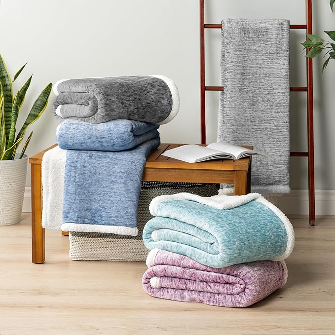 PAVILIA Melange Blue Sherpa Blanket Throw for Couch, Warm Soft Cozy Reversible Blanket Sofa Bed, Thick Plush Large Fleece Car Blanket, Decorative Home Room Decor Gifts Men Women, 50x60 Navy Blue