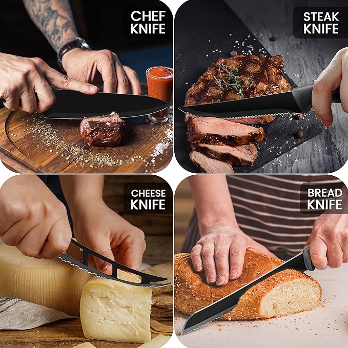 LDC Kitchen Black Knife Set - Stainless Steel, Dishwasher Safe Ergonomic Knives Set with Anti-Slip Handles - Ultra-Sharp Blades - Kitchen Essential Knives - 7 Piece Set