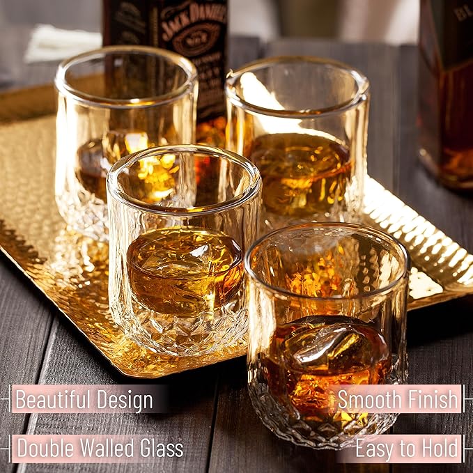 BTaT- Double Wall Whiskey Glasses, Set of 4, Bourbon, Cocktail, Scotch, Old Fashioned, Rocks, Crystal, Vodka, Drinking