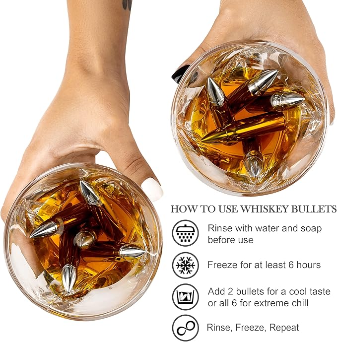 Frolk Whiskey Chillers Premium Gift Set, Set Of 6 Extra Large Stainless Steel Whiskey Stones, 2 Large Twisted Whiskey Glasses (11 oz), Freezer Base, Velvet Pouch & Tongs In Novelty Wooden Box