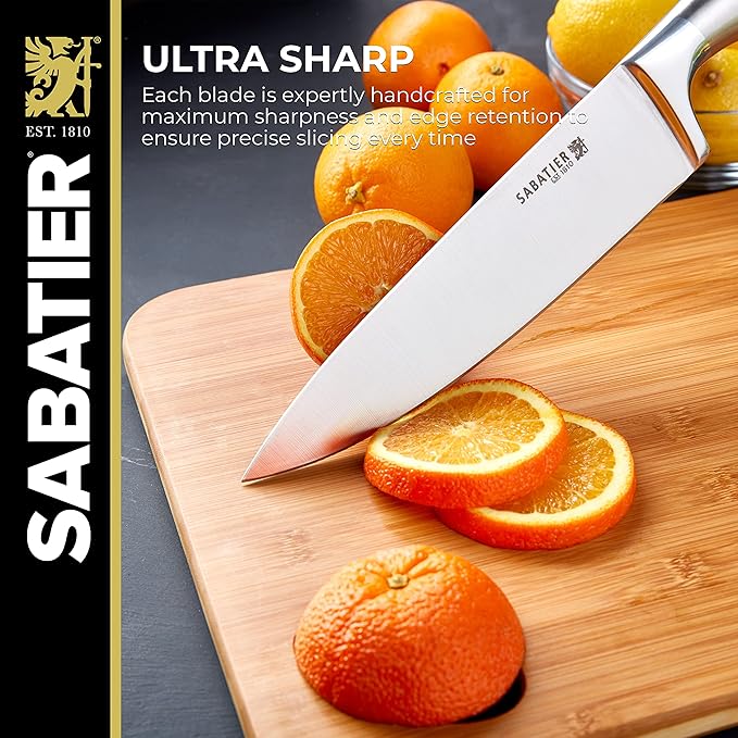 Sabatier 15-Piece Forged Stainless Steel Knife Block Set, High-Carbon Stainless Steel Kitchen Knives, Razor-Sharp Knife set with Acacia Wood Block, Stainless Steel Handles