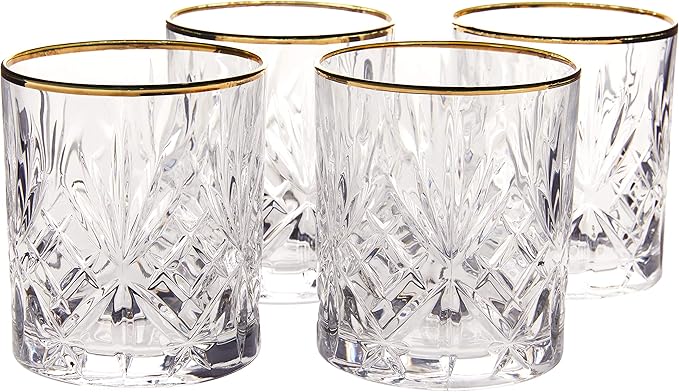 Lorren Home Trends Siena Collection Crystal Double Old Fashion Beverage Glass with Gold Band Design, Set of 4,10 FL OZ