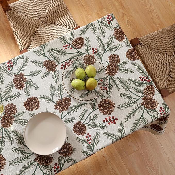 ISAENNE Designer Christmas Beige Linen Long Rectangle Tablecloth,Pinecones Pattern Indoor Table Cloths,Washable Decor Tablecloths for Dining Thanksgiving Kitchen Christmas,63"*102"-Carol B