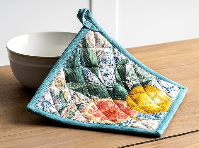 Maison d' Hermine 100% Cotton Oven Mitt & Pot Holder Set (7.5"x13" & 8"x8") Heat Resistant BBQ Cooking Gloves with Loop, Baking, Grilling, Kitchen, Handling Hot Pans Spring/Summer (Agrume)