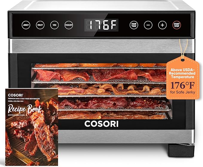 COSORI Food Dehydrator for Jerky, 176°F Temperature Control, 5 Stainless Steel Trays Dryer Machine, 4 Presets, 48H Timer, for Dog Treats, Meat, Fruit, Veggies, Snacks, Recipe Book Included