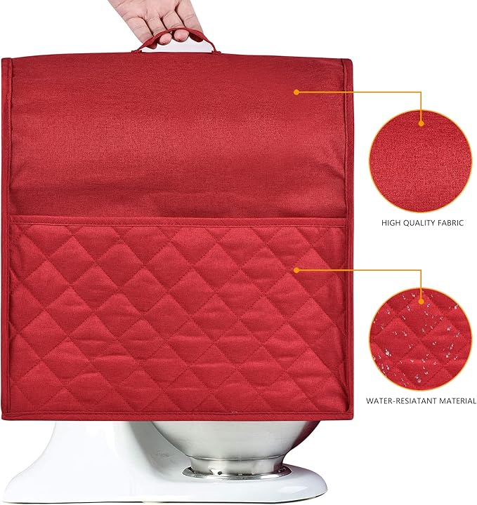 Stand Mixer Dust-proof Cover for KitchenAid Mixer，Multi Pockets for Various Kitchen Appliance Accessories，Water-resistant，Easy Cleaning (Red, Fit for Bowl Lift 5-8 Quart)