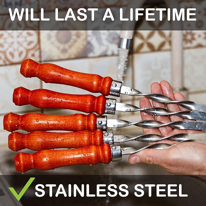 Premium BBQ Skewers with Wooden Handles 25" Shish Kabob Skewers Stainless Steel Long & Reusable Kabob Sticks Barbecue Skewers for Grilling Set of 10 Piece (10, 25 Inches)