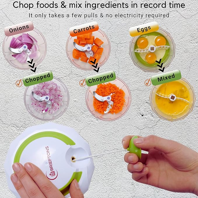 Brieftons QuickPull Manual Food Chopper: Large 4-Cup Powerful Hand Pull Chopper/Mincer/Mixer Blender to Chop Onion, Garlic, Vegetables, Fruits, Herbs for Salsa, Salad, Pesto, Puree, Indian Cooking