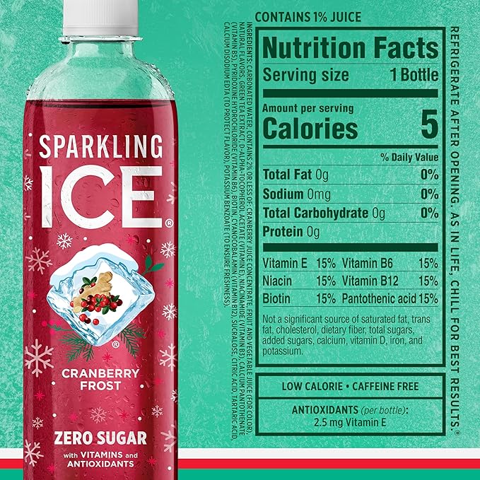 Sparkling Ice, Winter Variety Pack, Flavored Sparkling Water, Zero Sugar, with Vitamins and Antioxidants, 17 fl oz, 12 count (Cranberry Frost, Winter Punch, Apple Cider and Ginger Lime)