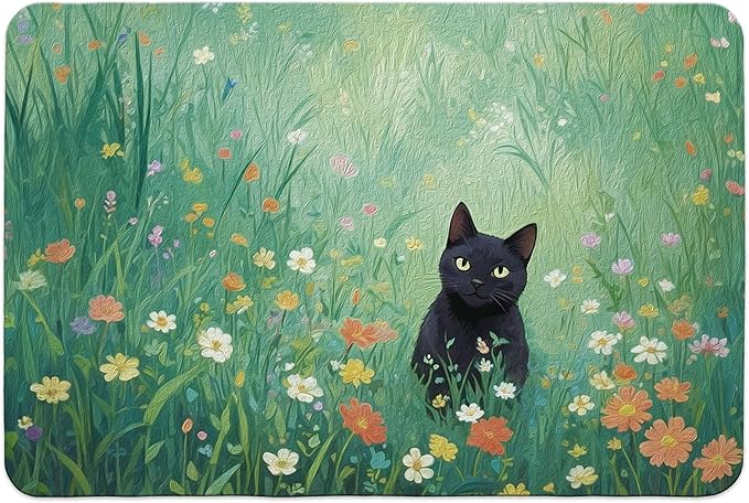 Floral Black Cat Dish Drying Mat, Cat Lover Gifts, Cats in Colorful Wildflower by Unknown