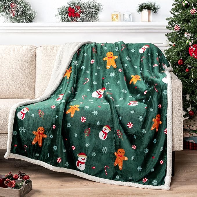 PAVILIA Premium Christmas Sherpa Throw Blanket | Christmas Decoration Gift, Fleece, Plush, Warm, Cozy Reversible Microfiber Holiday Blanket | Green Gingerbread - 50x60