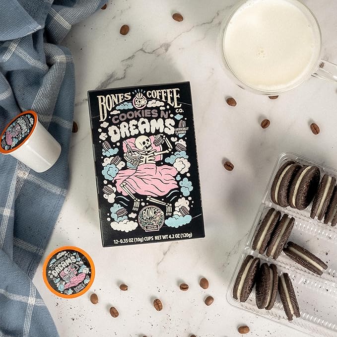 Bones Coffee Company Cookies 'N Dreams, Cookie and Cream Flavored Coffee Pods, Low Acid Medium Roast Single-Serve Bones Cups, Compatible with K-Cups Brewers Coffee Maker, 12 Count