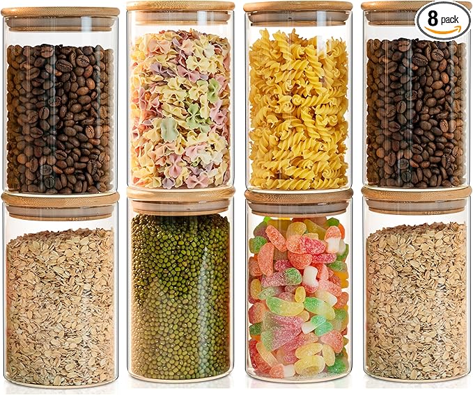 Liuruiyu Glass Food Storage Jars Set of 8,26oz-Glass Storage Containers Clear Glass Food Canister with Bamboo Lid Airtight For Serving Tea, Coffee, Flour,Candy, Cookie, Spice(Round-80CMx150CM)